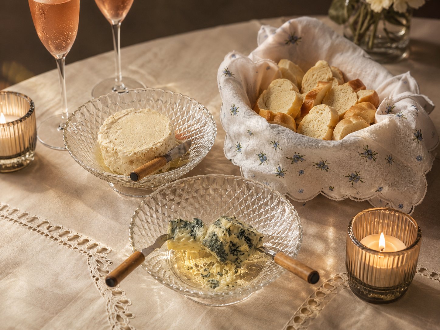 Mousses artesanais e pães em apresentação elegante